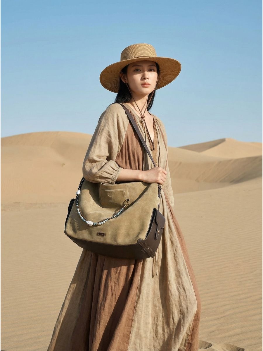 Harper Suede Contrast Hobo Bag - Sand