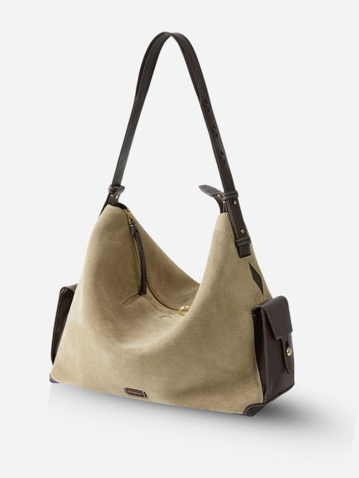 Harper Suede Contrast Hobo Bag - Sand