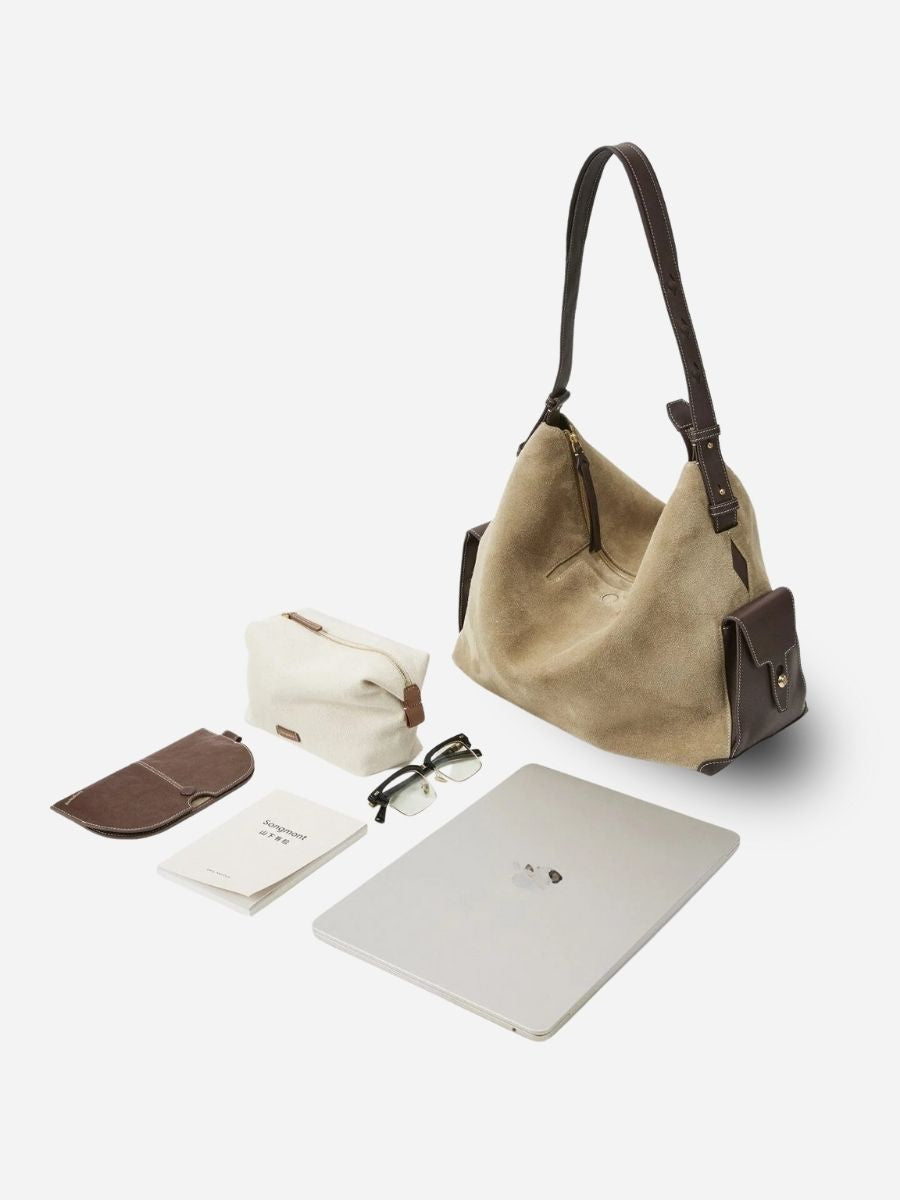 Harper Suede Contrast Hobo Bag - Sand